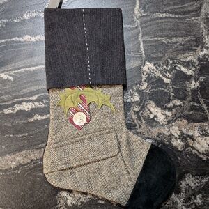 Herringbone Wool Tweed Christmas Stocking with Holly Design Handmade